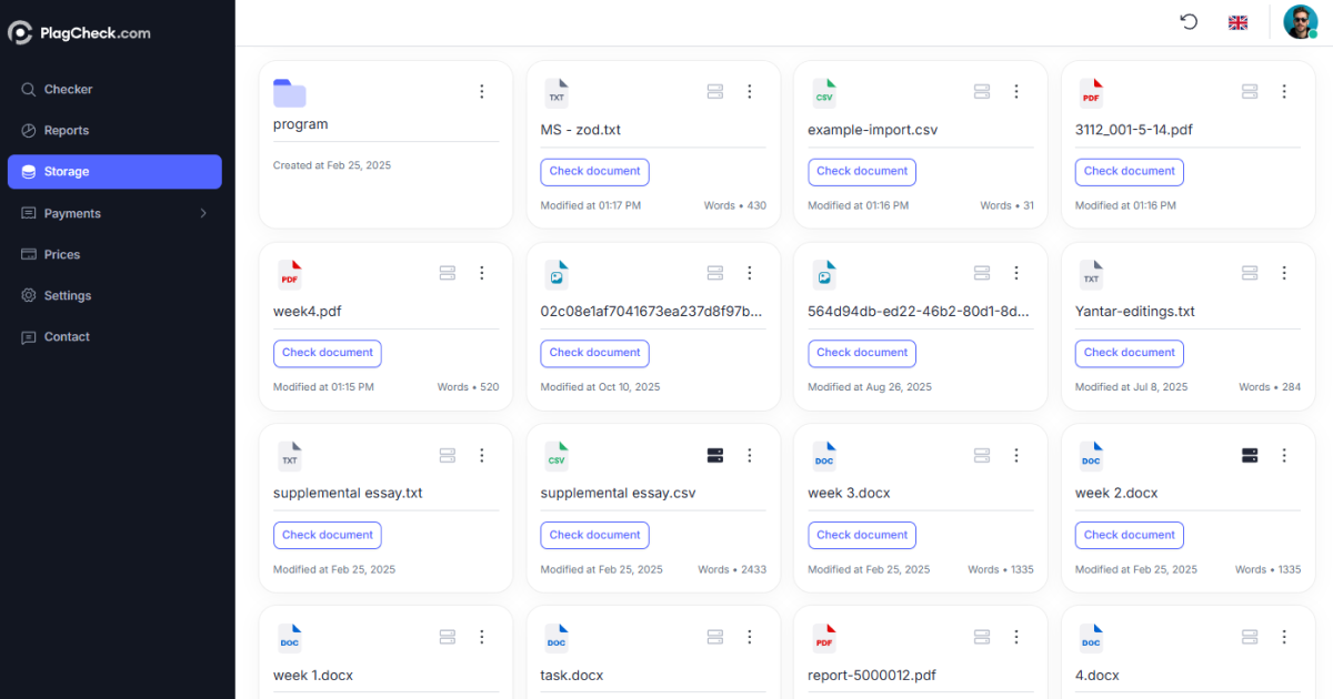 PlagCheck Storage page showing uploaded documents and folder structure