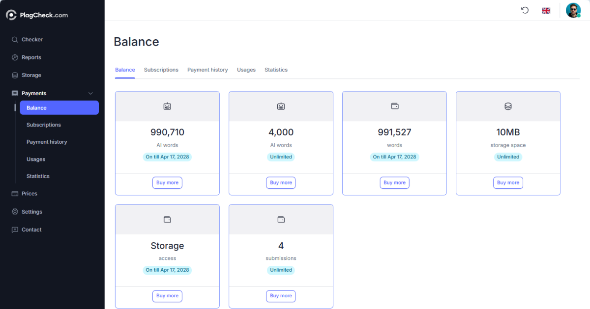 PlagCheck Payments section with balance overview and transaction history