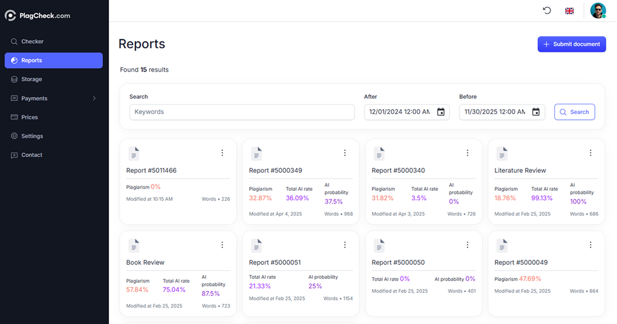 PlagCheck Reports list showing completed plagiarism and AI analysis results