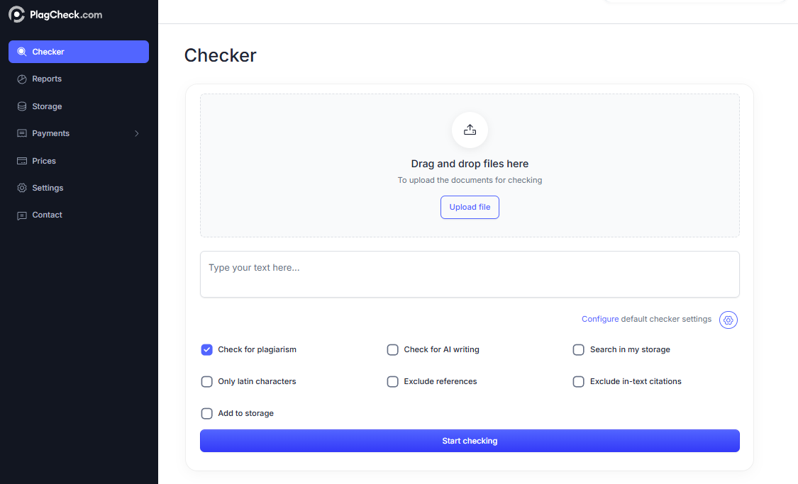 screenshot of the Checker homepage with the file upload field