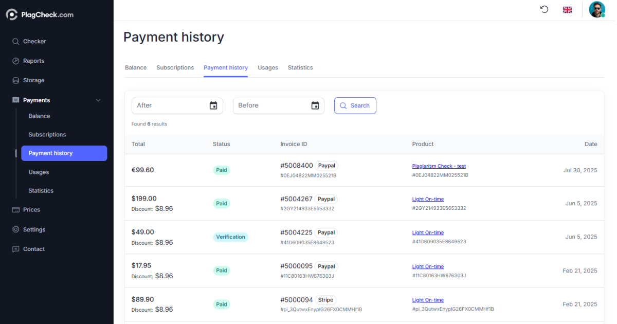 Payment history table with search filters and invoice list in PlagCheck