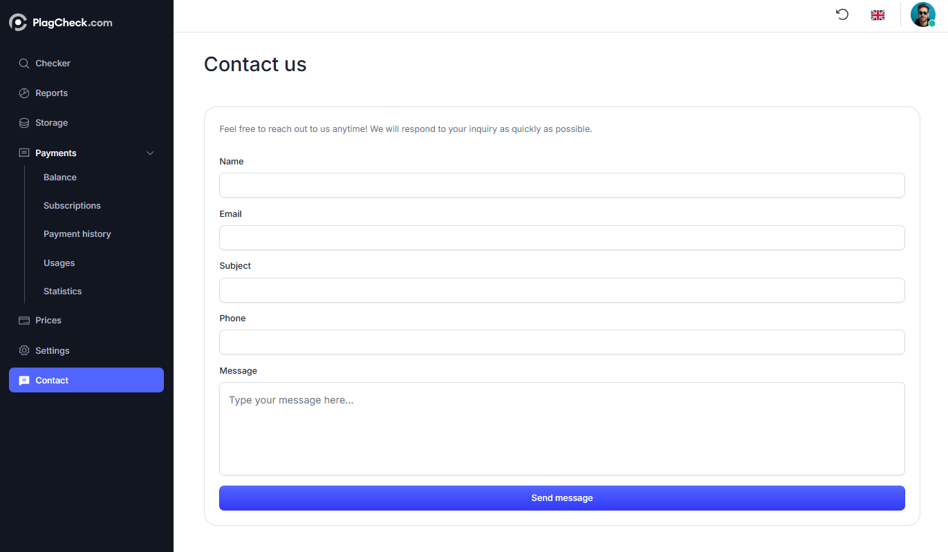 PlagCheck Contact form with fields for name, email, subject, phone, and messag