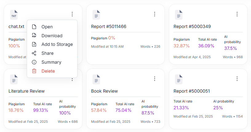 Report card actions menu with Open, Download, Add to Storage, Share, Summary, Delete