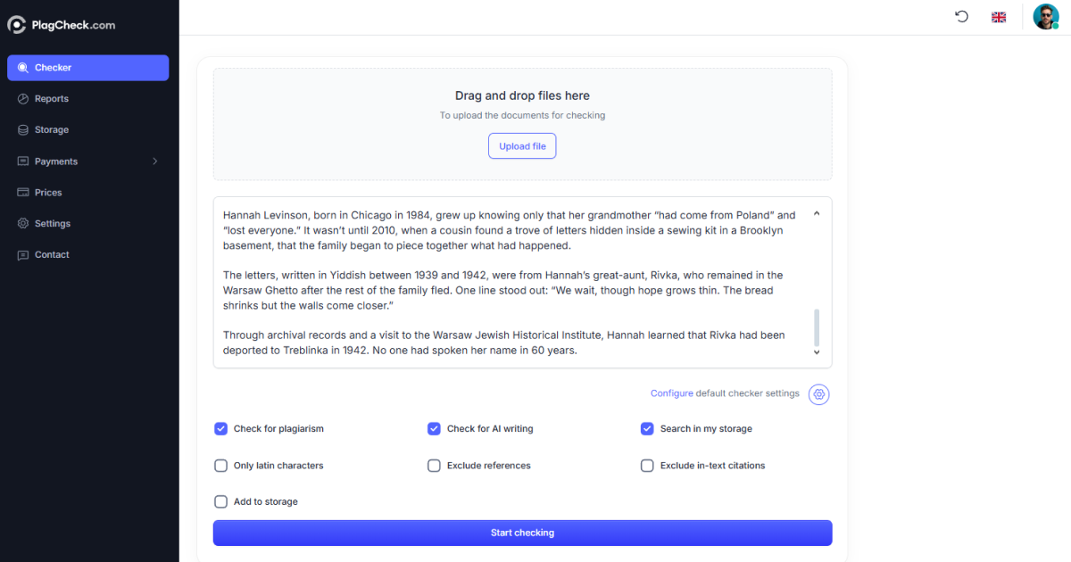 Check type selection showing plagiarism and AI content analysis options