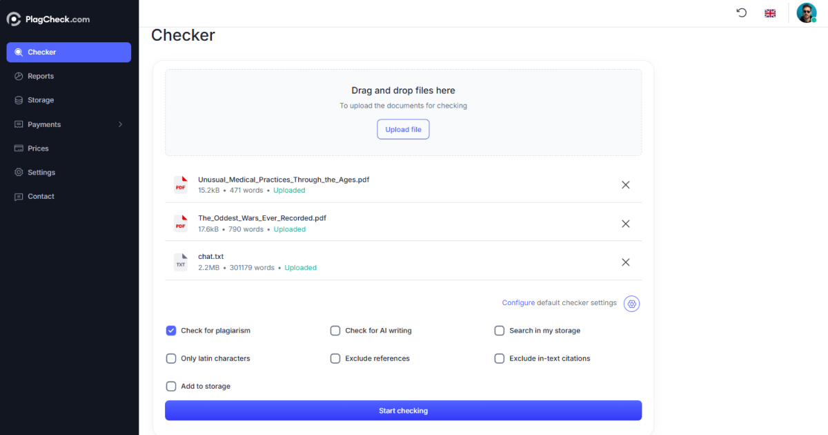Uploaded file displayed in the PlagCheck Checker before starting analysis