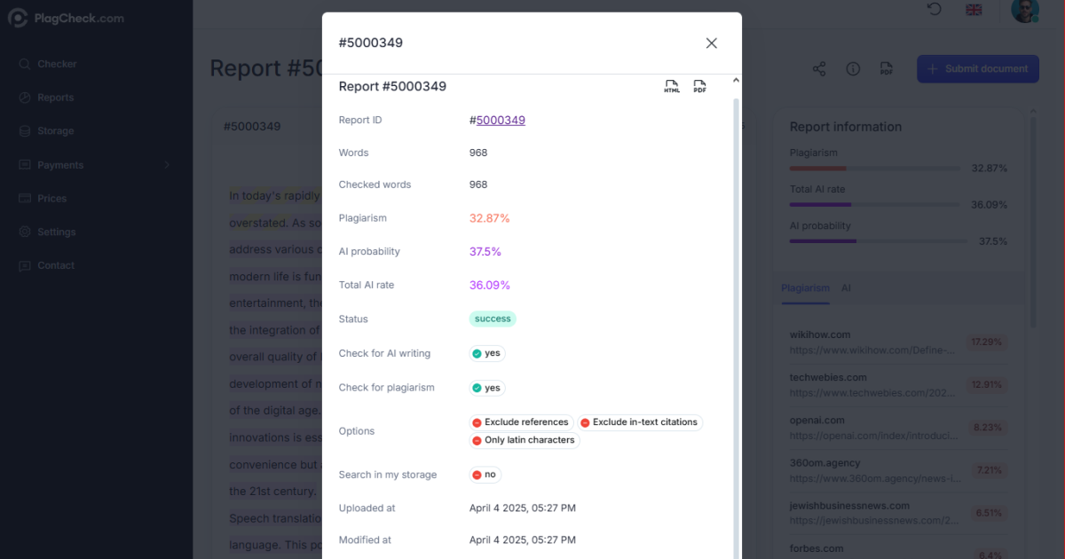 Report details modal showing metrics, options, and delete button