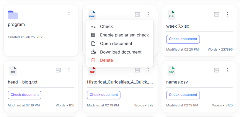 Delete option in PlagCheck storage item menu