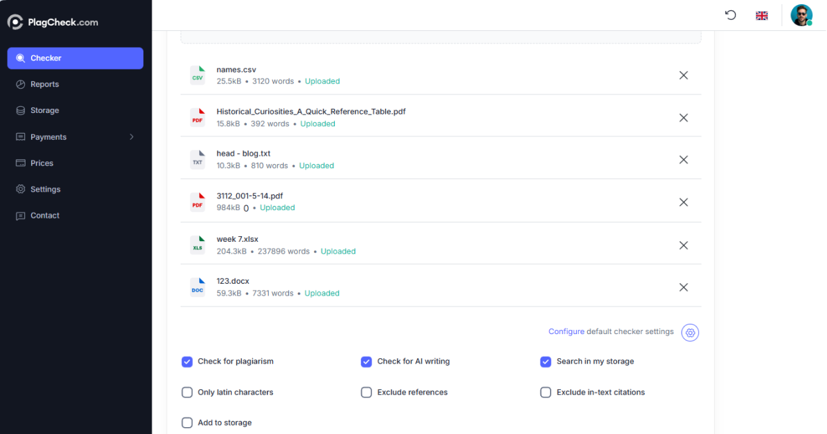 PlagCheck upload dialog showing supported file formats DOCX, PDF, TXT, RTF, and others