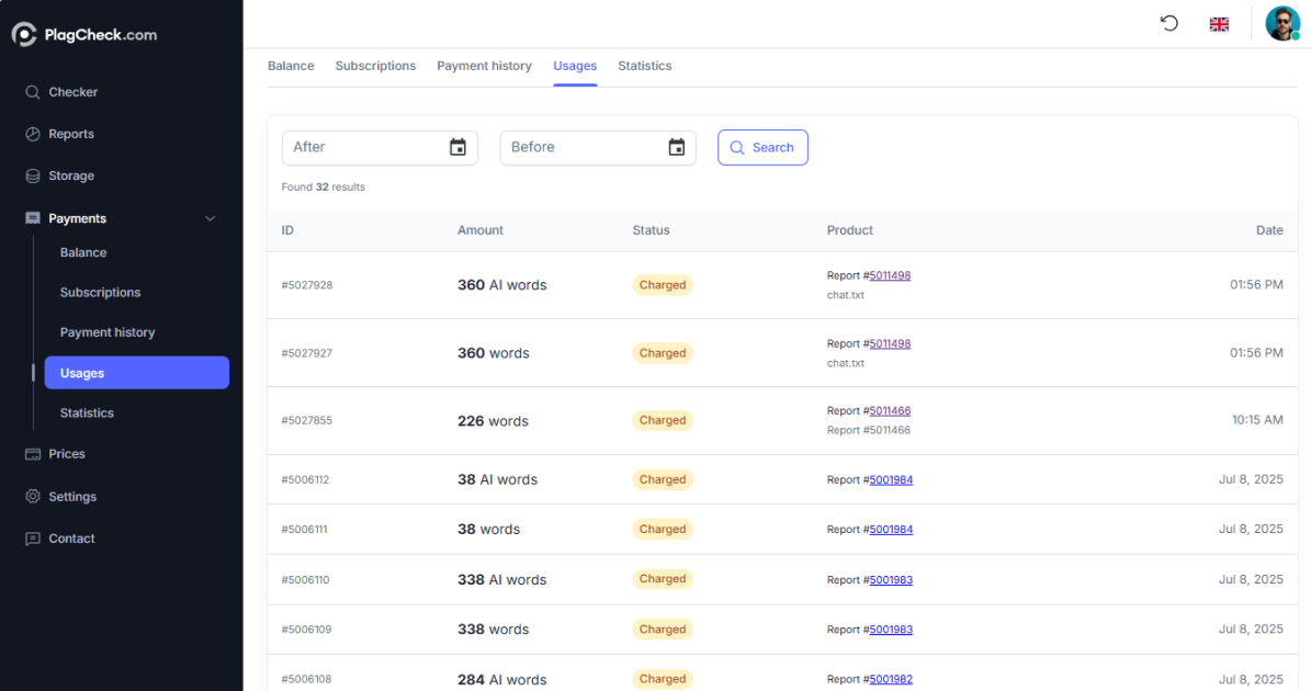 Usage tab showing charged word amounts and linked report ID