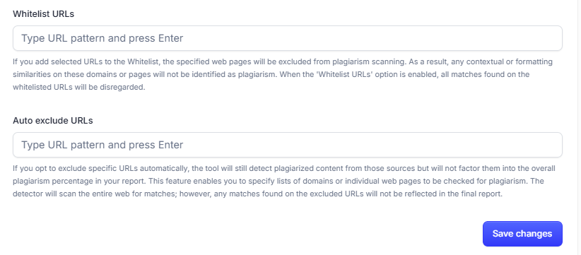 Whitelist URLs input field with placeholder 'Type URL pattern and press Enter